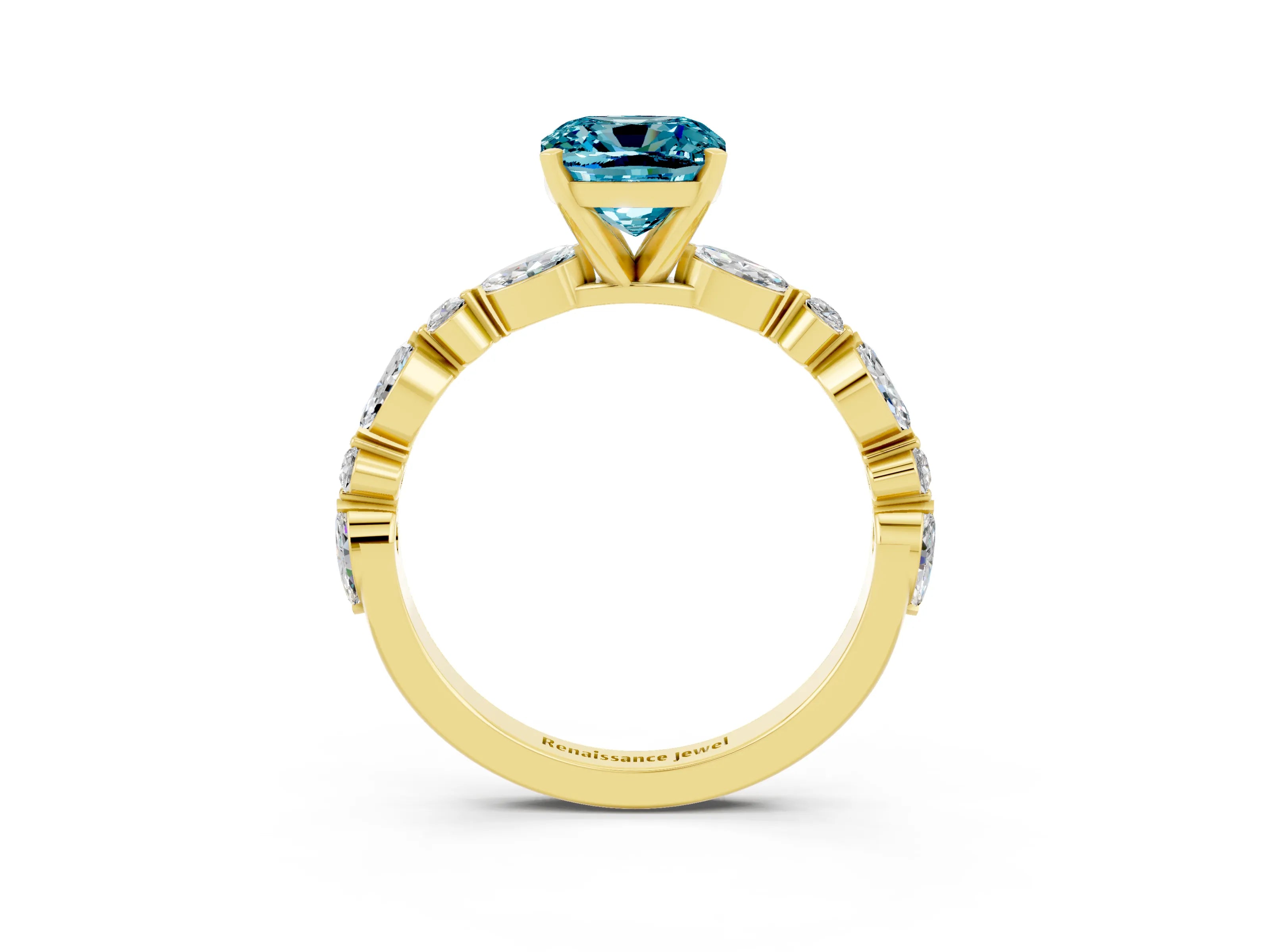 Yellow gold Cushion Cut Blue Topaz Solitaire with Side Stones on a Pavé Band and Four-Prong Setting_3