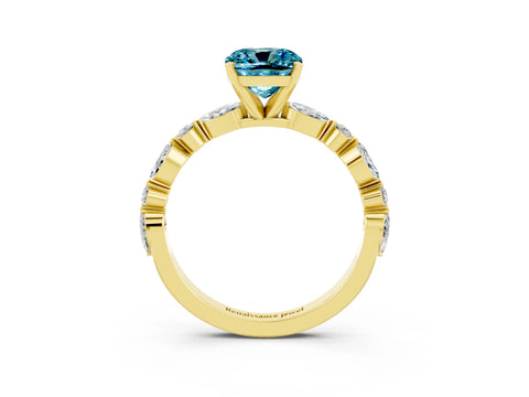 Yellow gold Cushion Cut Blue Topaz Solitaire with Side Stones on a Pavé Band and Four-Prong Setting_3
