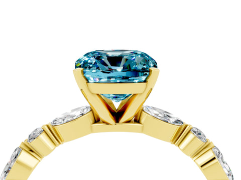 Yellow gold Cushion Cut Blue Topaz Solitaire with Side Stones on a Pavé Band and Four-Prong Setting_4