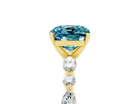 Yellow gold Cushion Cut Blue Topaz Solitaire with Side Stones on a Pavé Band and Four-Prong Setting_5