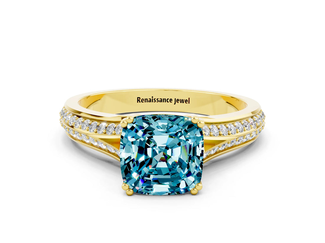 Yellow gold Cushion Cut Blue Topaz Split Shank Engagement Ring with Pavé Band
