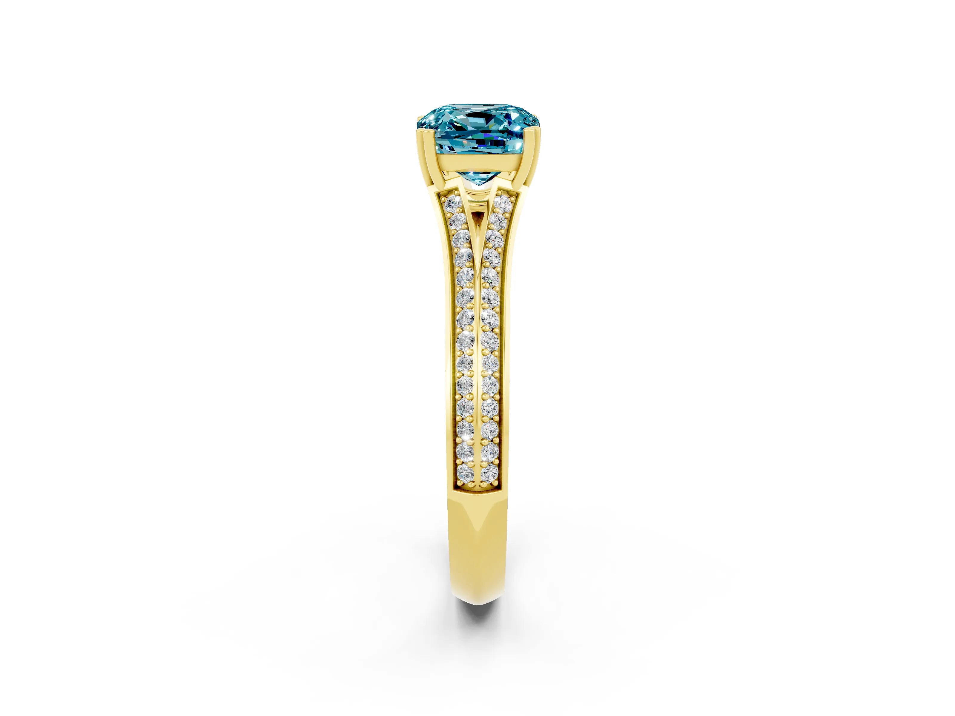 Yellow gold Cushion Cut Blue Topaz Split Shank Engagement Ring with Pavé Band_2