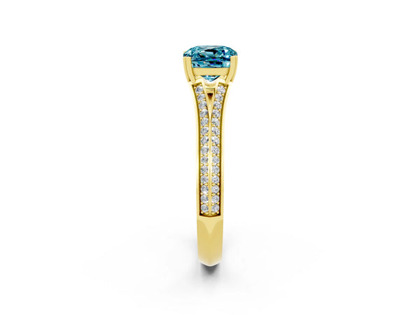 Yellow gold Cushion Cut Blue Topaz Split Shank Engagement Ring with Pavé Band