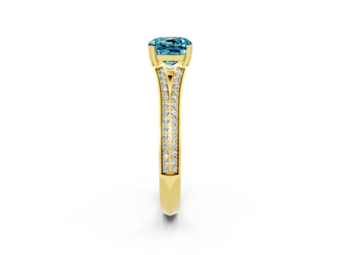 Yellow gold Cushion Cut Blue Topaz Split Shank Engagement Ring with Pavé Band_2
