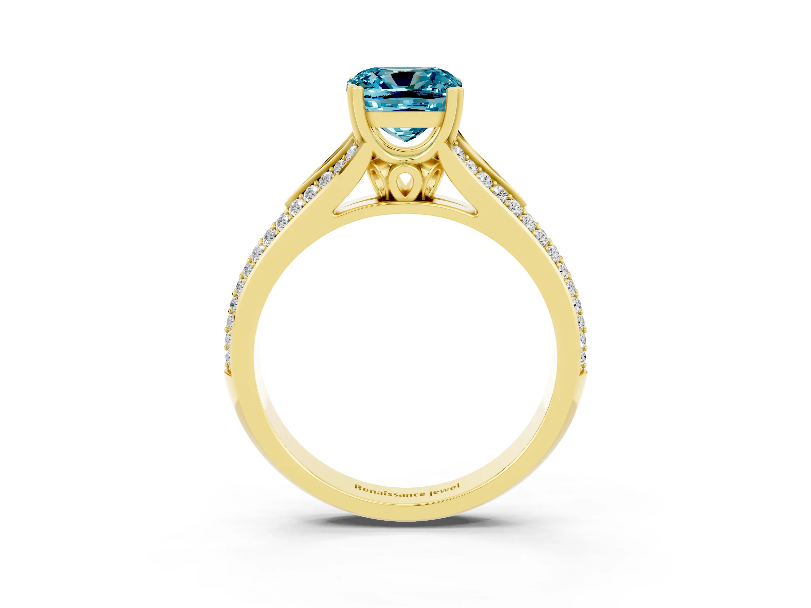 Yellow gold Cushion Cut Blue Topaz Split Shank Engagement Ring with Pavé Band_3