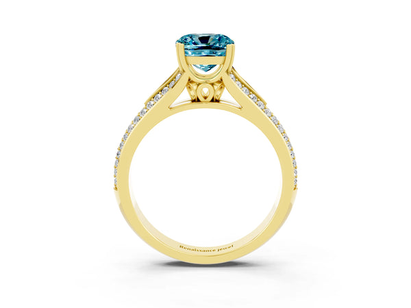 Yellow gold Cushion Cut Blue Topaz Split Shank Engagement Ring with Pavé Band