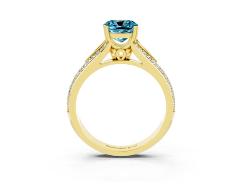 Yellow gold Cushion Cut Blue Topaz Split Shank Engagement Ring with Pavé Band_3