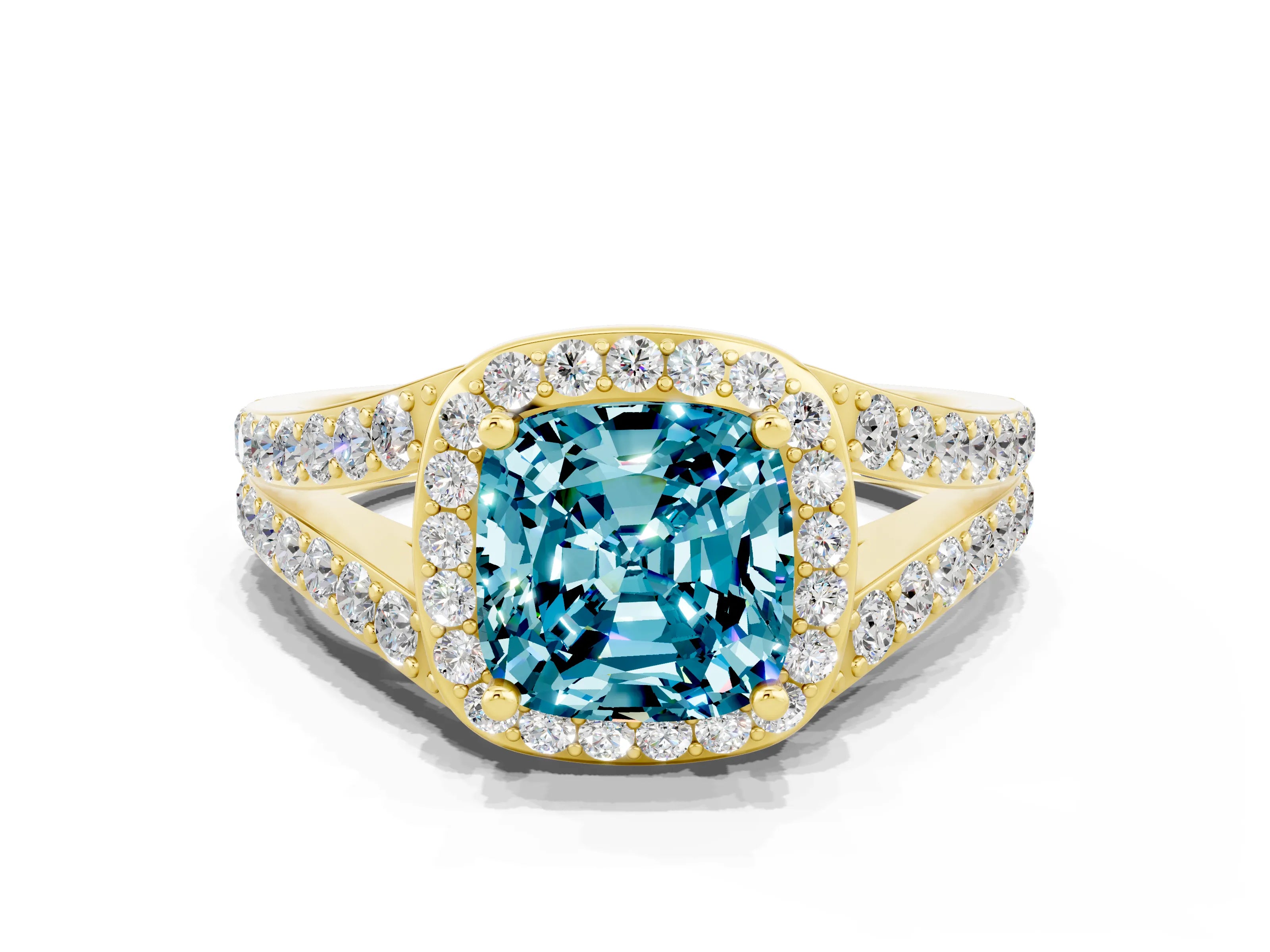 Yellow gold Cushion Cut Blue Topaz Split Shank Halo Ring with Four-Prong Setting_12