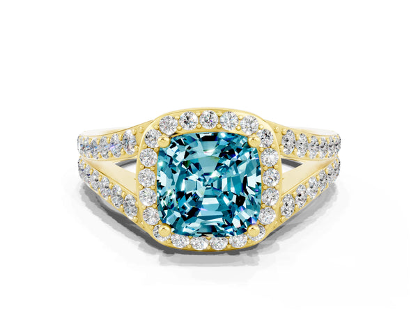 Yellow gold Cushion Cut Blue Topaz Split Shank Halo Ring with Four-Prong Setting