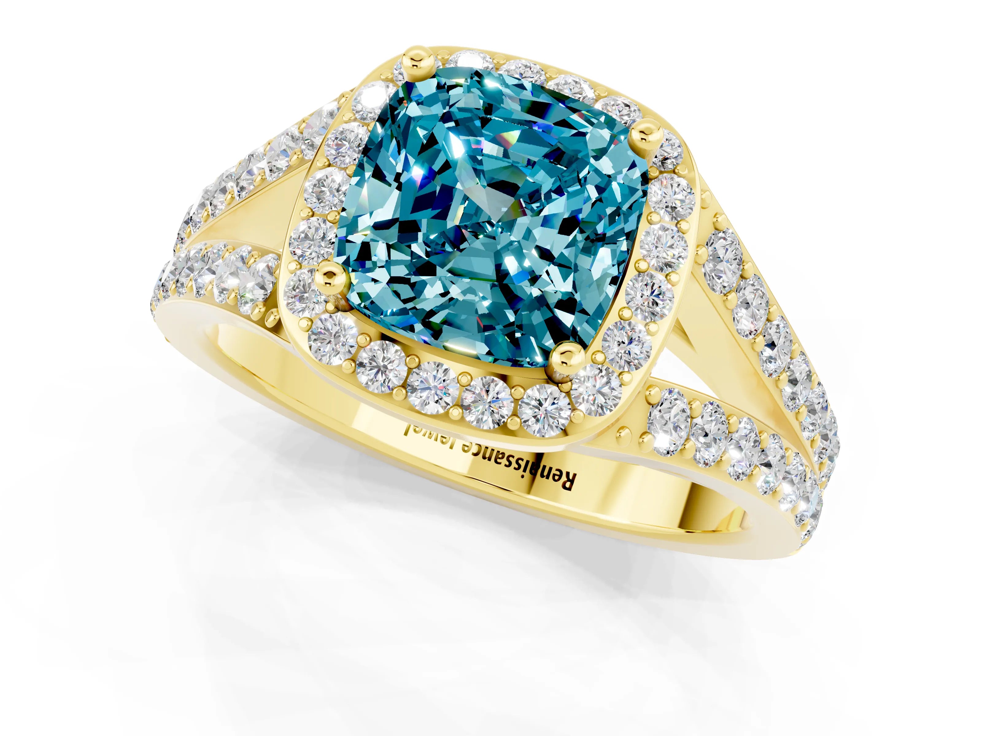 Yellow gold Cushion Cut Blue Topaz Split Shank Halo Ring with Four-Prong Setting_13