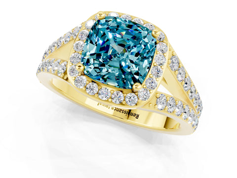 Yellow gold Cushion Cut Blue Topaz Split Shank Halo Ring with Four-Prong Setting_13