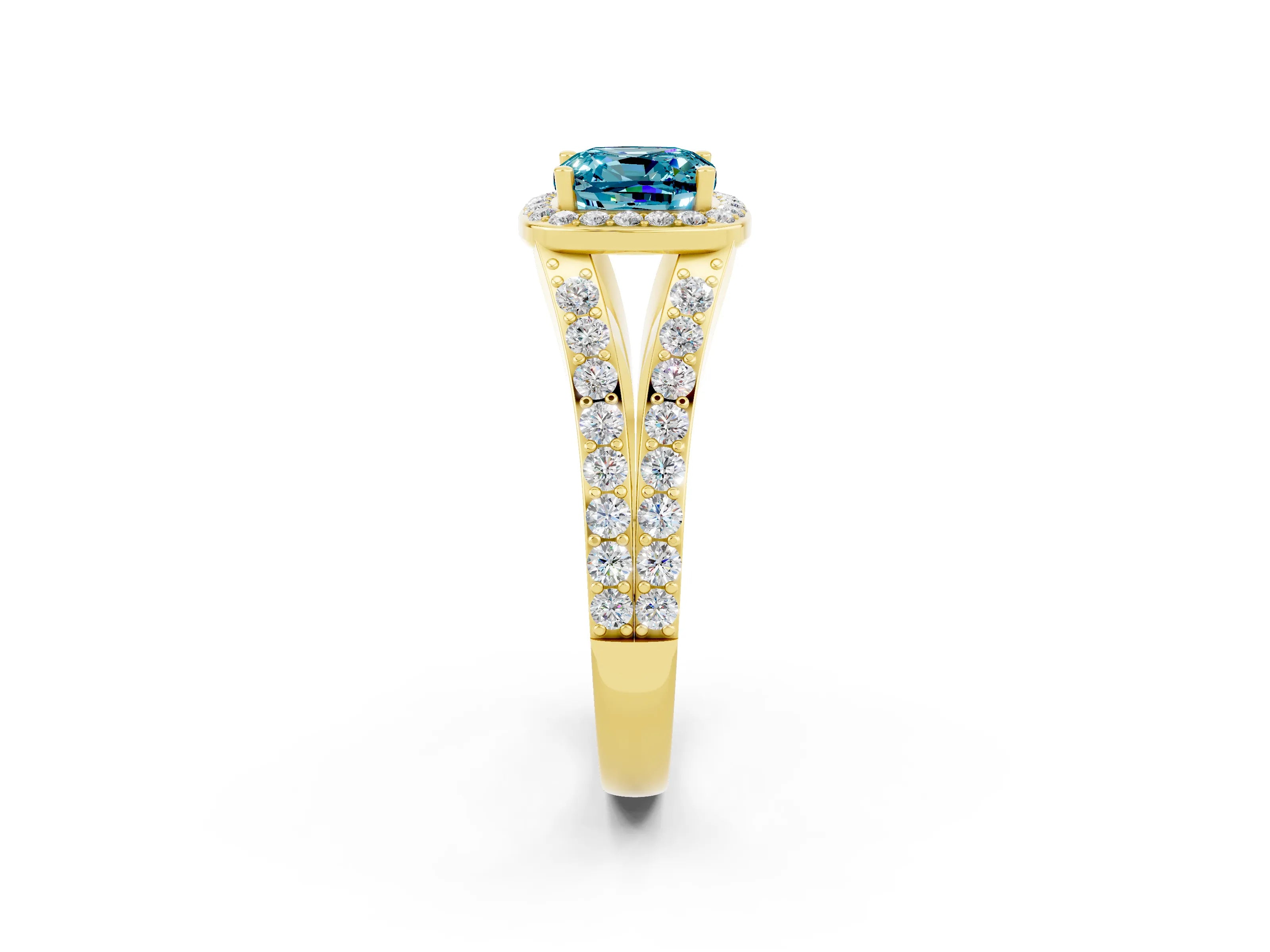 Yellow gold Cushion Cut Blue Topaz Split Shank Halo Ring with Four-Prong Setting_14