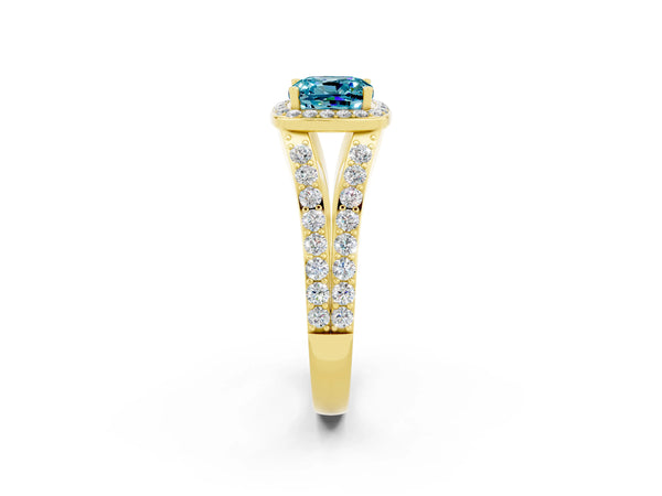 Yellow gold Cushion Cut Blue Topaz Split Shank Halo Ring with Four-Prong Setting