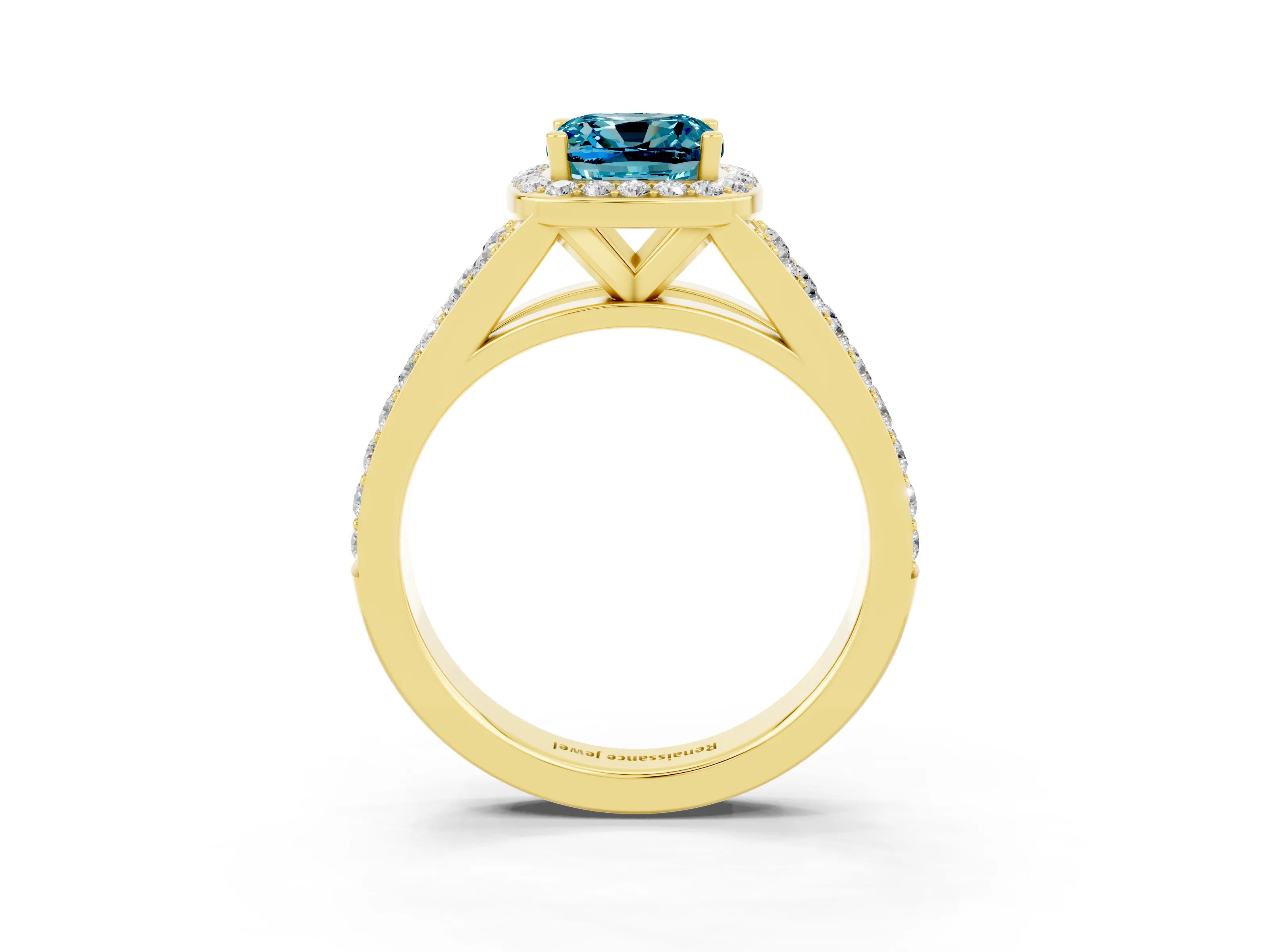 Yellow gold Cushion Cut Blue Topaz Split Shank Halo Ring with Four-Prong Setting_15