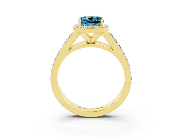 Yellow gold Cushion Cut Blue Topaz Split Shank Halo Ring with Four-Prong Setting