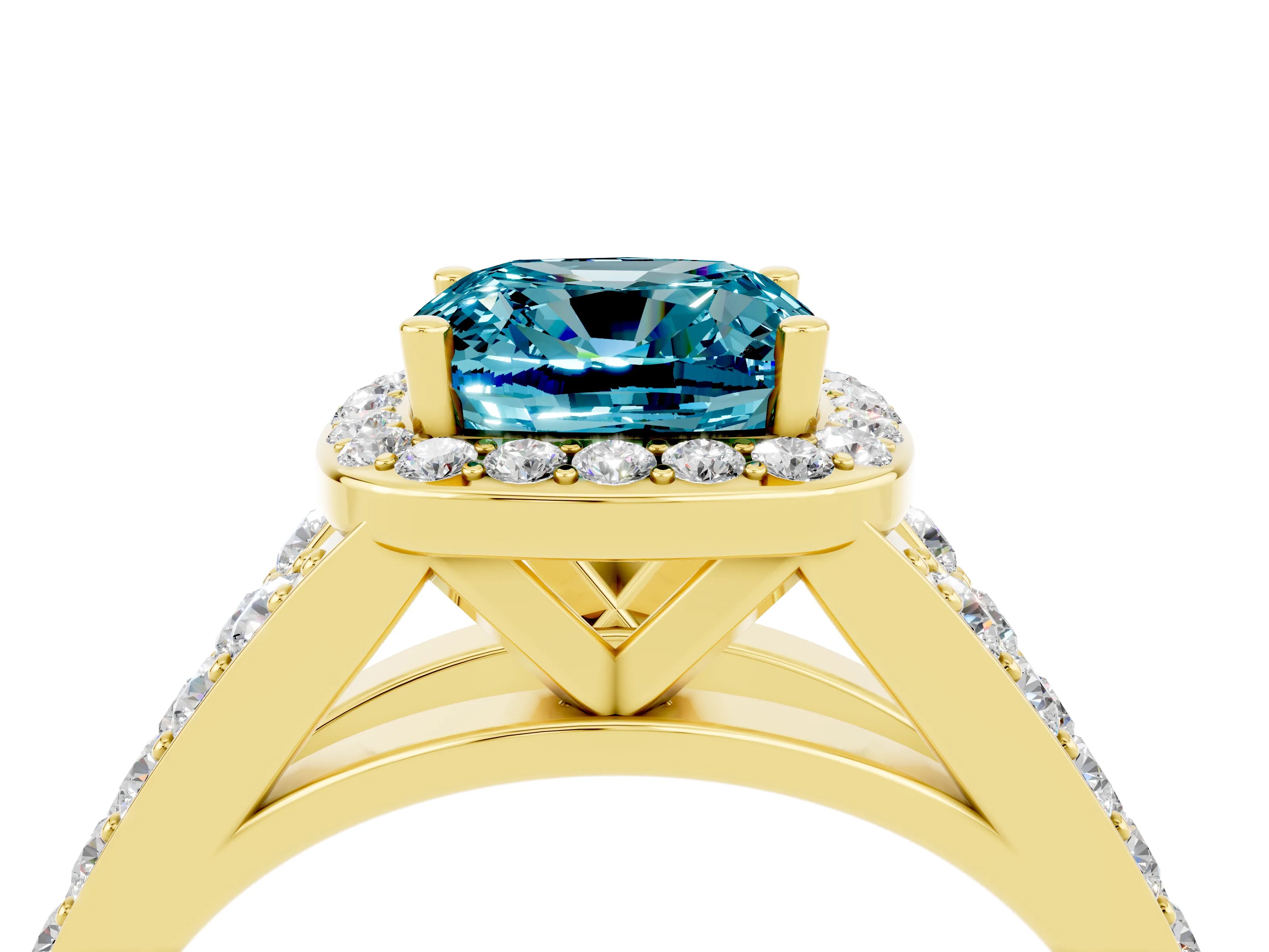 Yellow gold Cushion Cut Blue Topaz Split Shank Halo Ring with Four-Prong Setting_16