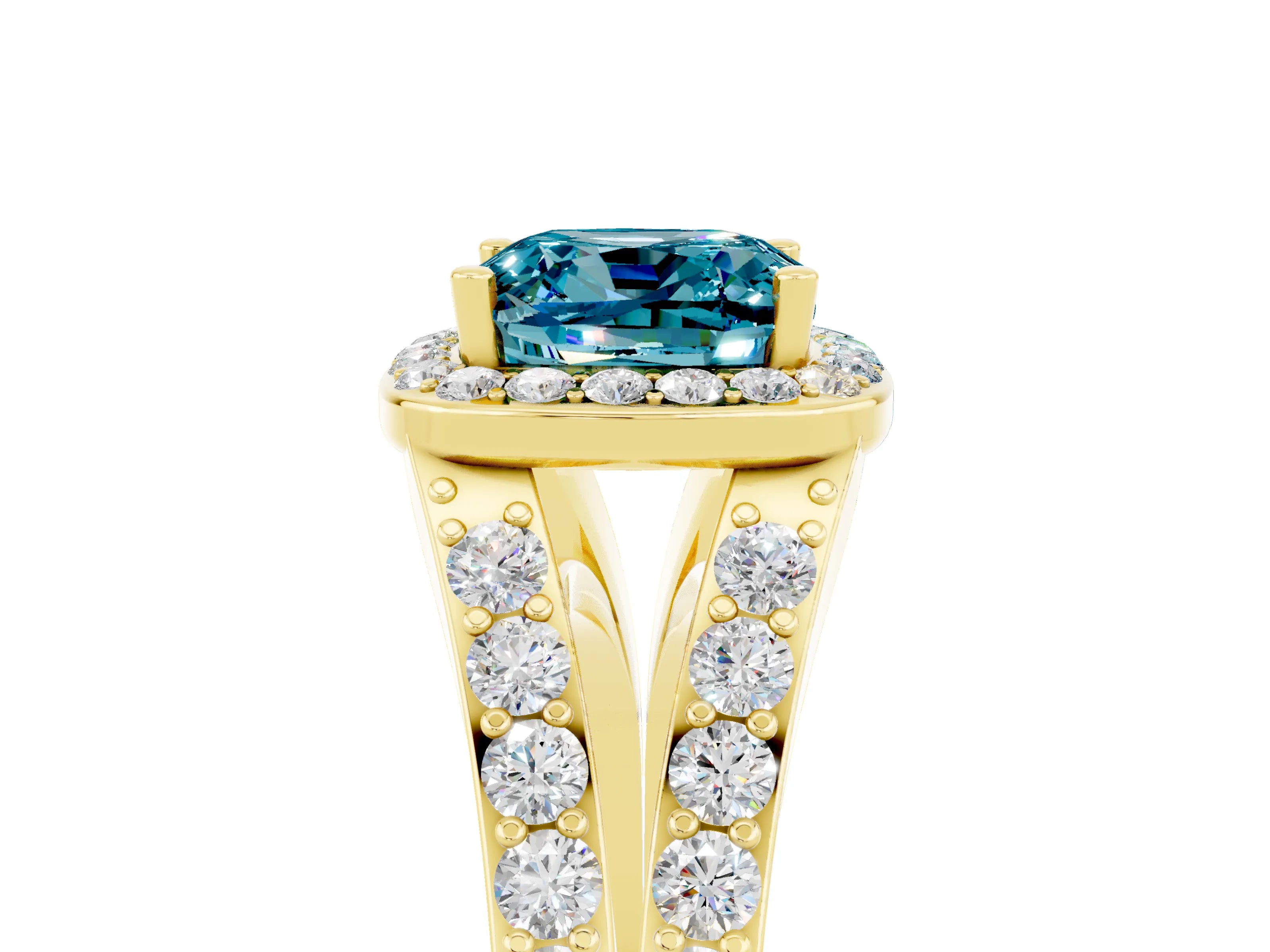 Yellow gold Cushion Cut Blue Topaz Split Shank Halo Ring with Four-Prong Setting_17
