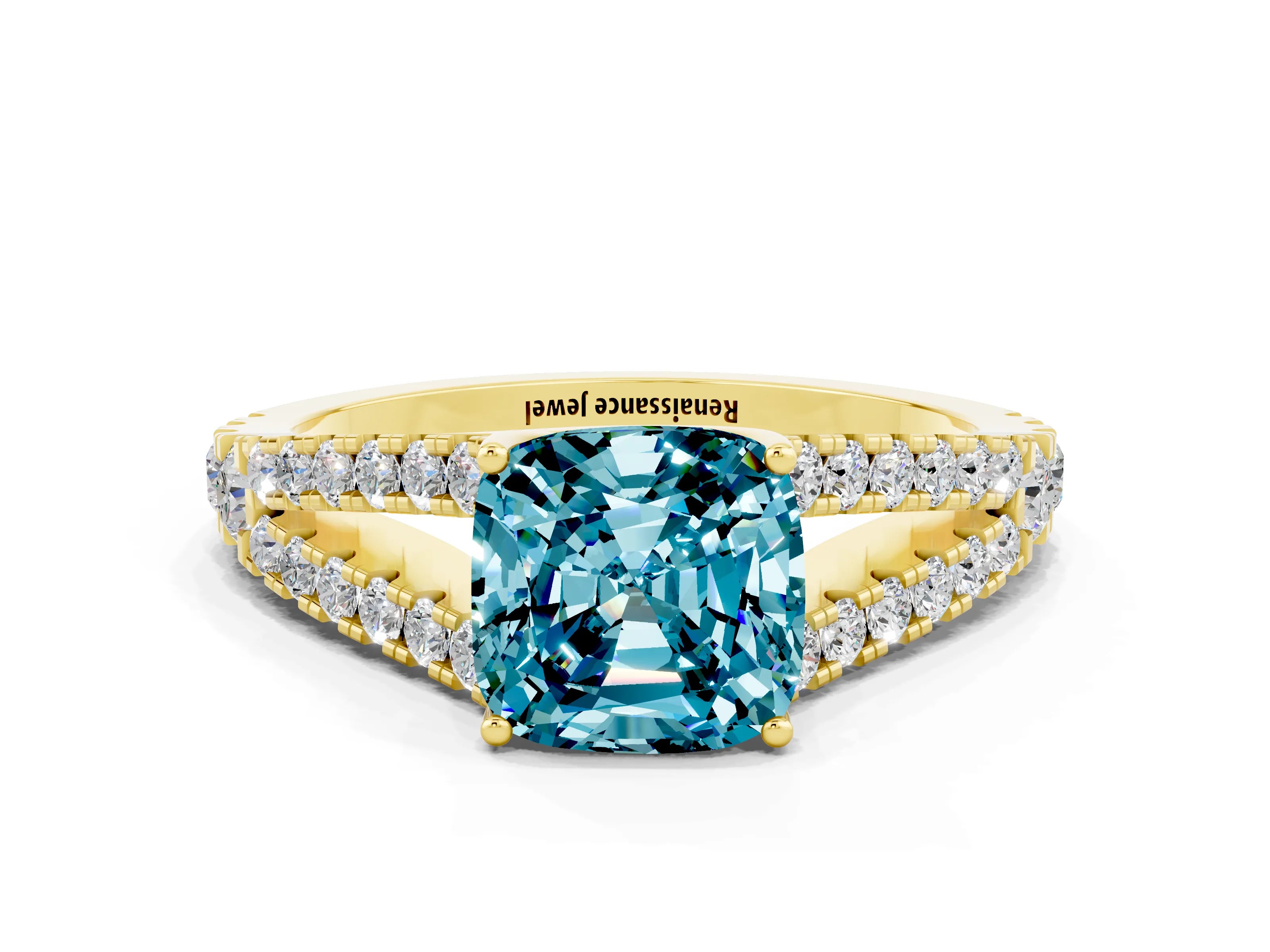 Yellow gold Cushion Cut Blue Topaz Split Shank Pavé Engagement Ring with Four-Prong Setting_12