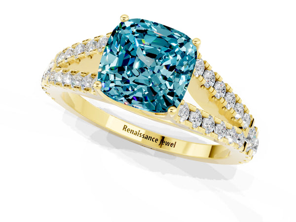 Yellow gold Cushion Cut Blue Topaz Split Shank Pavé Engagement Ring with Four-Prong Setting