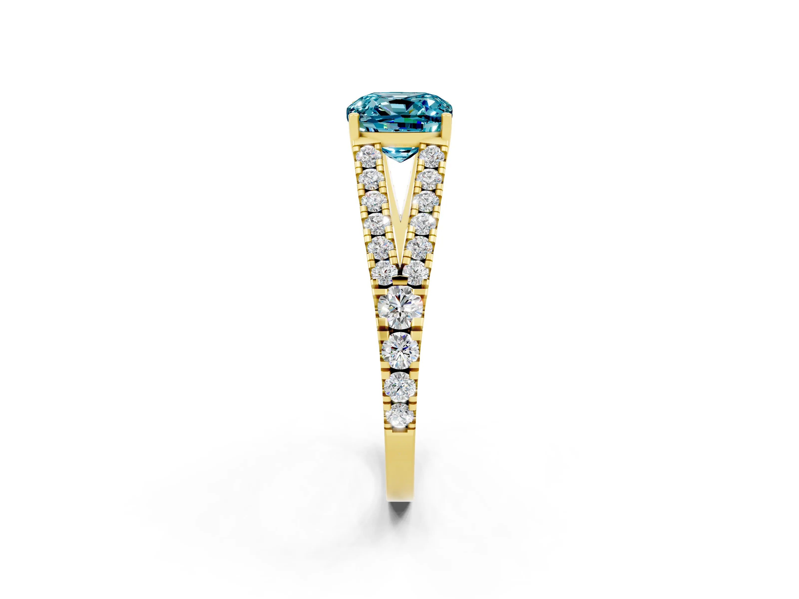 Yellow gold Cushion Cut Blue Topaz Split Shank Pavé Engagement Ring with Four-Prong Setting_14