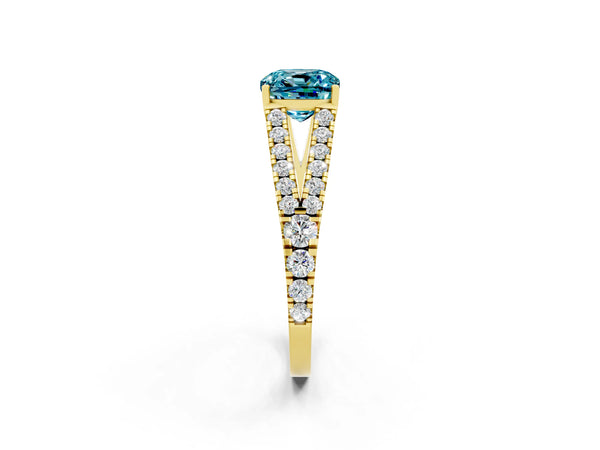 Yellow gold Cushion Cut Blue Topaz Split Shank Pavé Engagement Ring with Four-Prong Setting