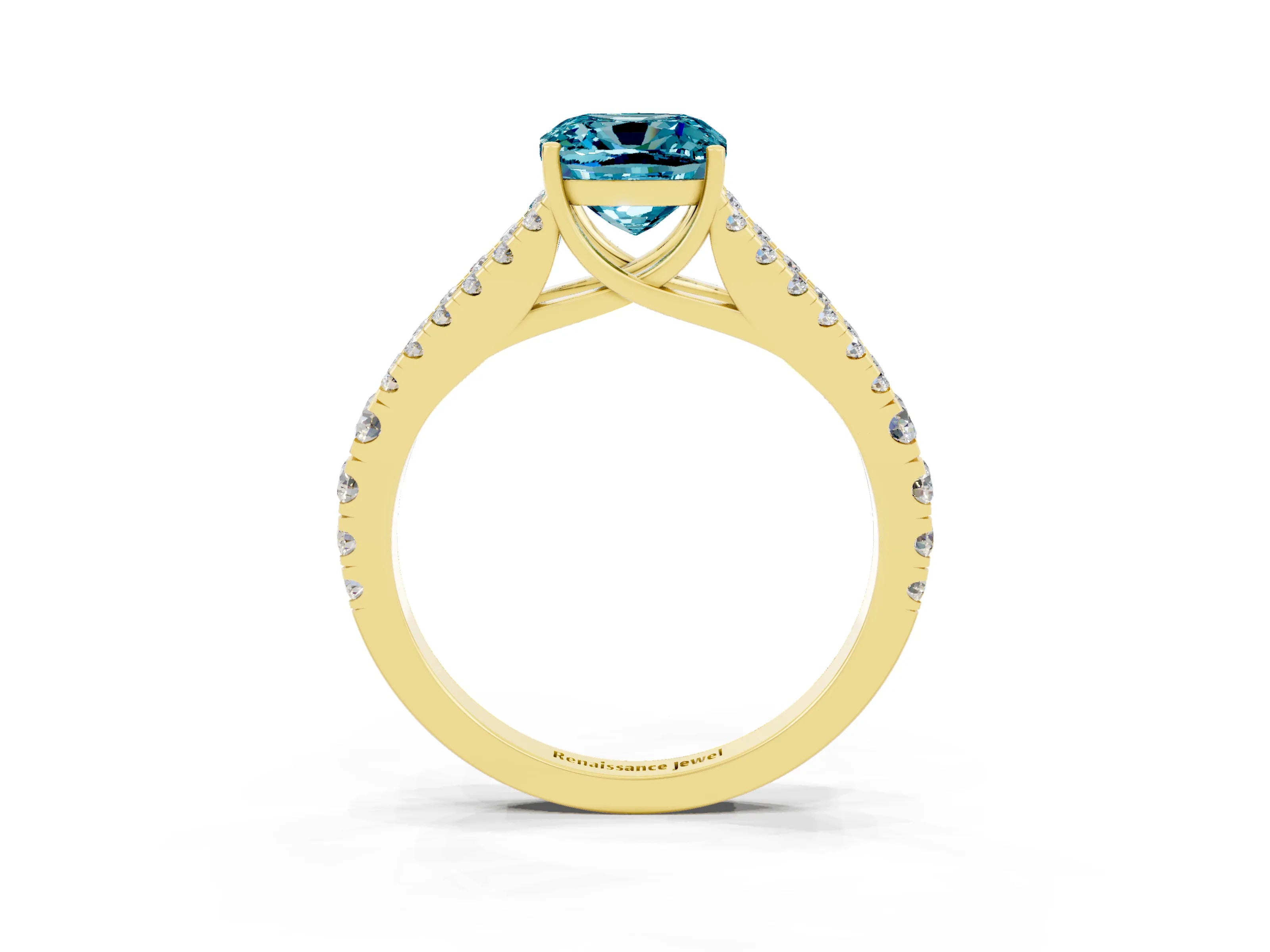 Yellow gold Cushion Cut Blue Topaz Split Shank Pavé Engagement Ring with Four-Prong Setting_15