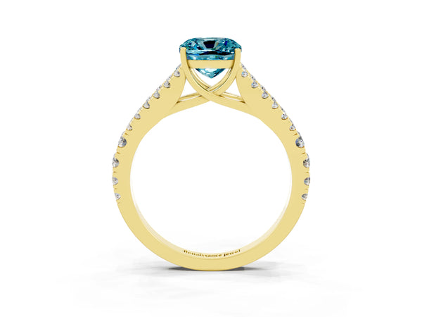 Yellow gold Cushion Cut Blue Topaz Split Shank Pavé Engagement Ring with Four-Prong Setting