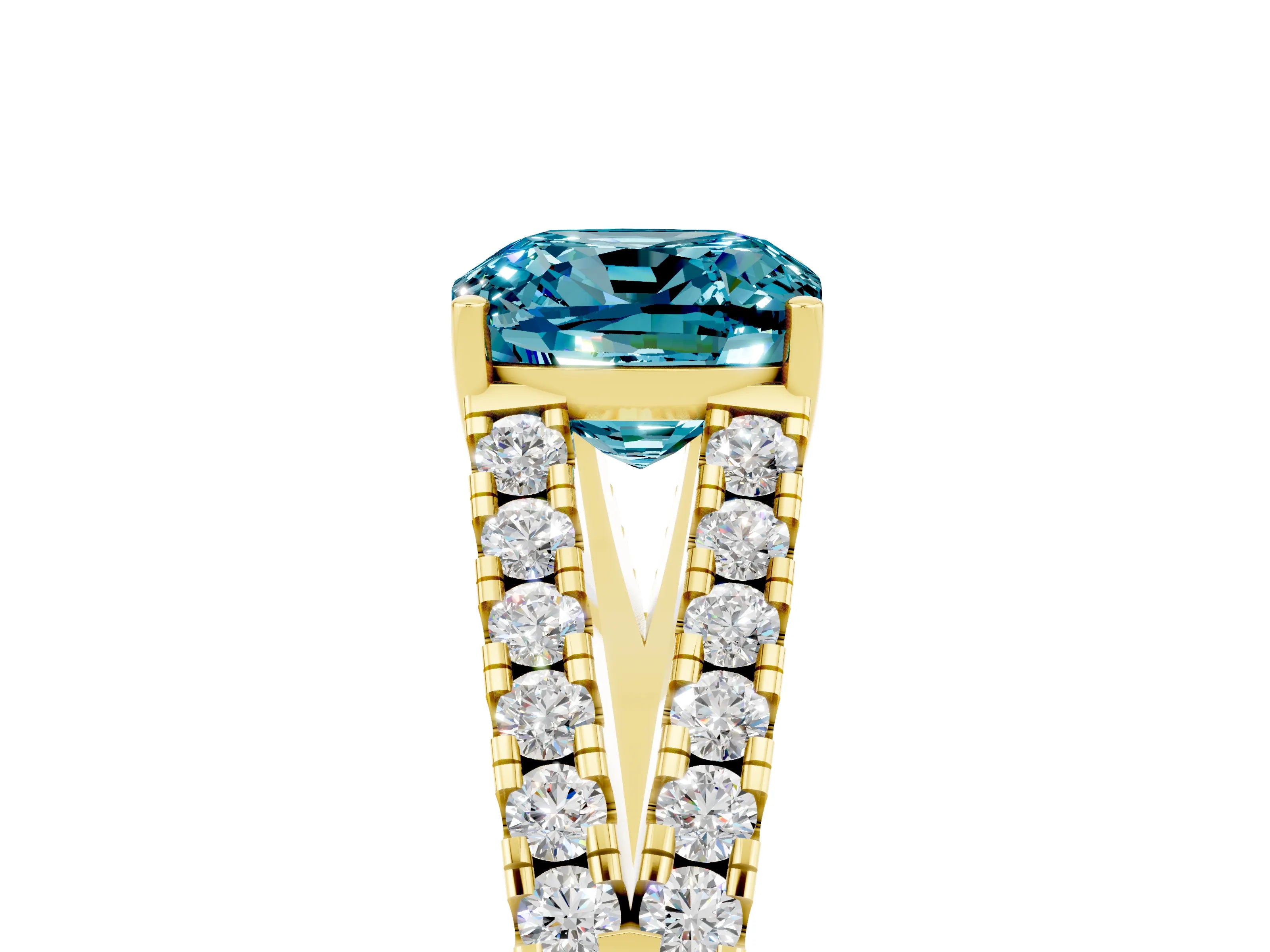 Yellow gold Cushion Cut Blue Topaz Split Shank Pavé Engagement Ring with Four-Prong Setting_17