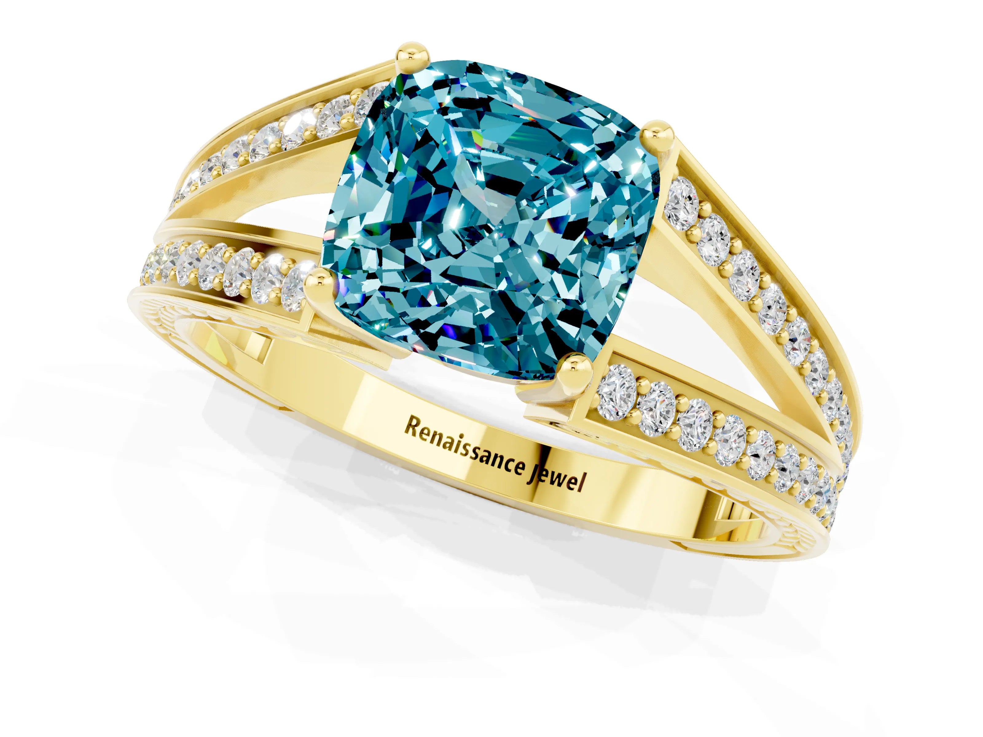 Yellow gold Cushion Cut Blue Topaz Split Shank Ring with Pavé Band and Four-Prong Setting_1