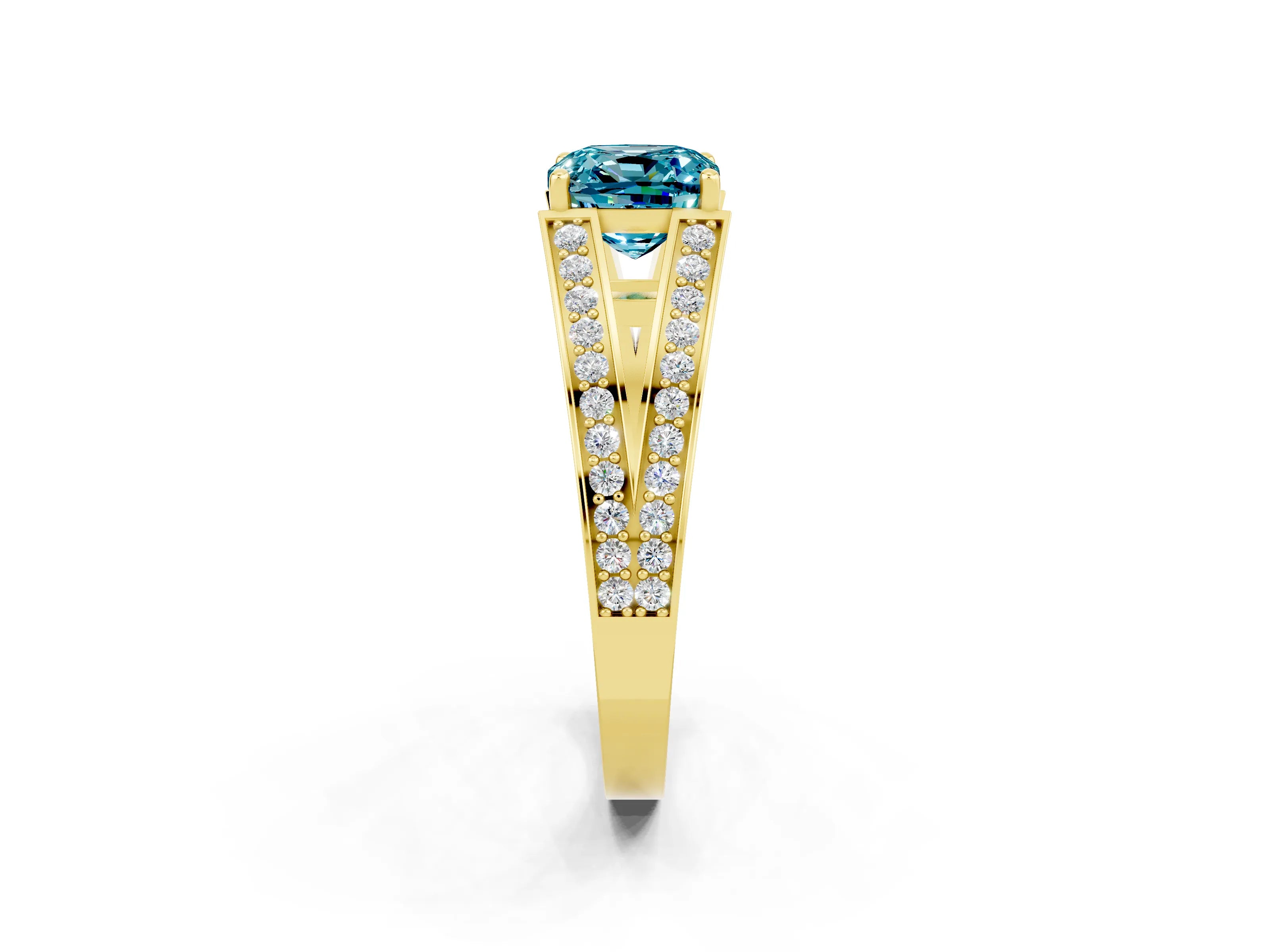 Yellow gold Cushion Cut Blue Topaz Split Shank Ring with Pavé Band and Four-Prong Setting_2