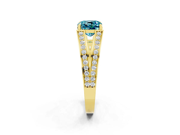 Yellow gold Cushion Cut Blue Topaz Split Shank Ring with Pavé Band and Four-Prong Setting
