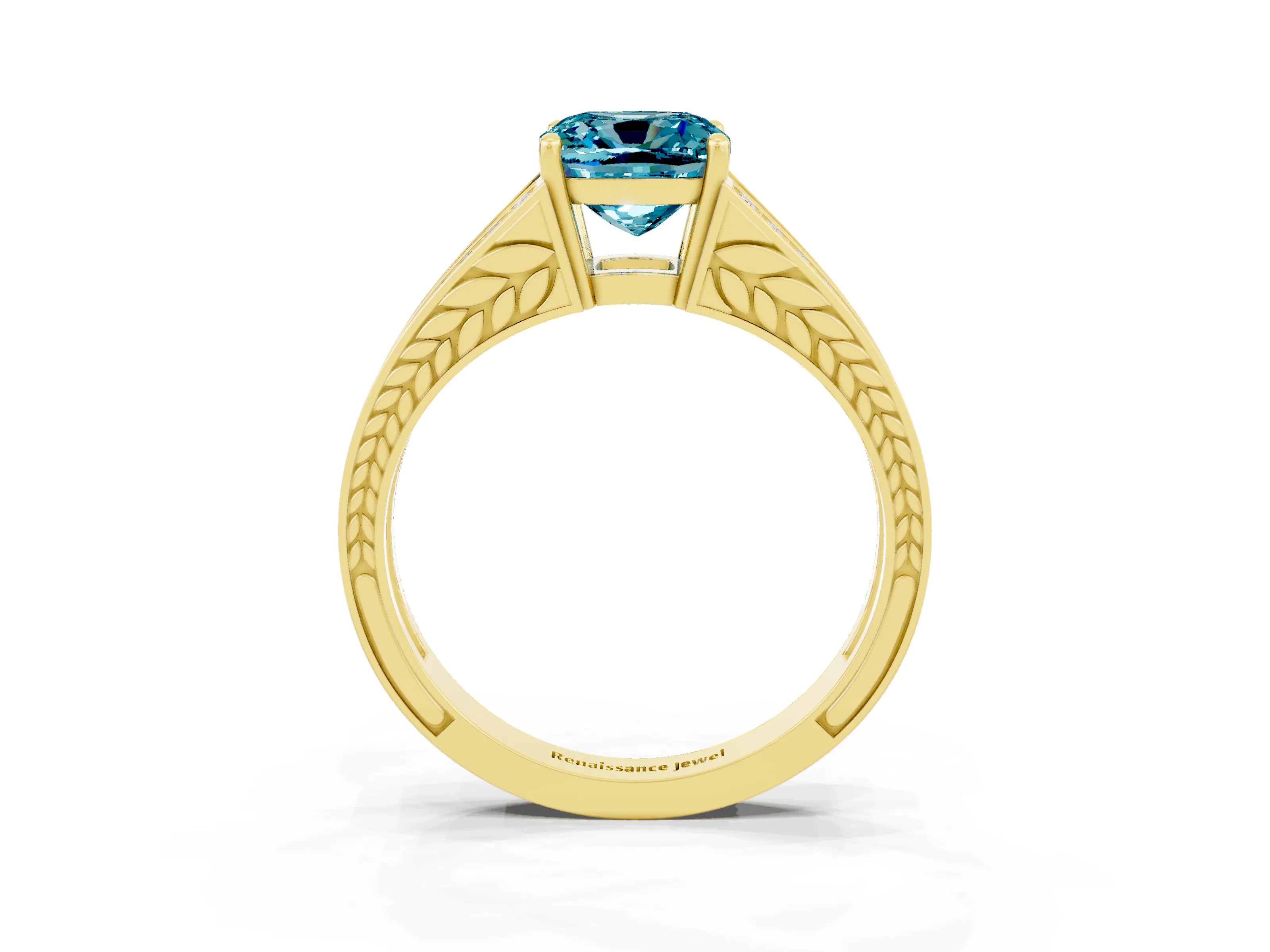 Yellow gold Cushion Cut Blue Topaz Split Shank Ring with Pavé Band and Four-Prong Setting_3