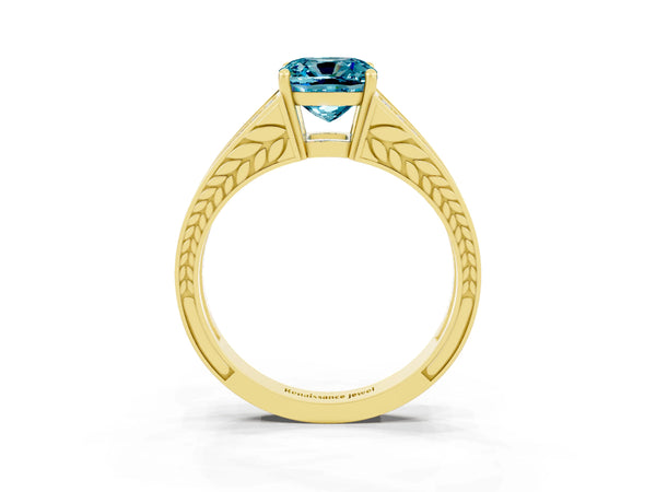 Yellow gold Cushion Cut Blue Topaz Split Shank Ring with Pavé Band and Four-Prong Setting