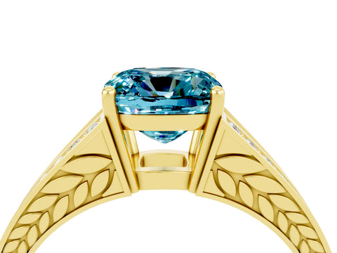 Yellow gold Cushion Cut Blue Topaz Split Shank Ring with Pavé Band and Four-Prong Setting_4