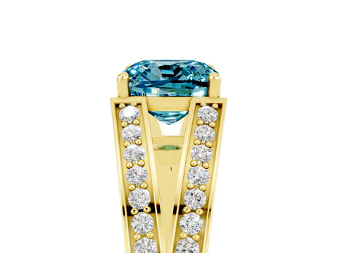 Yellow gold Cushion Cut Blue Topaz Split Shank Ring with Pavé Band and Four-Prong Setting_5