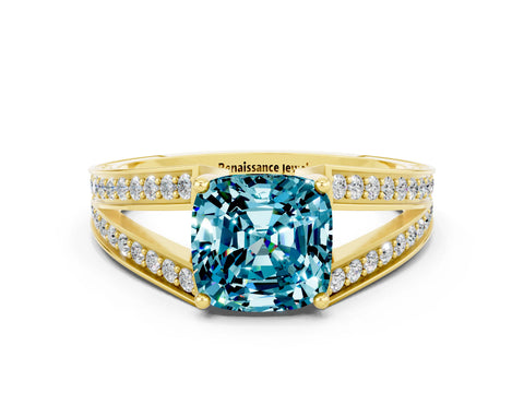 Yellow gold Cushion Cut Blue Topaz Split Shank Ring with Pavé Band and Four-Prong Setting