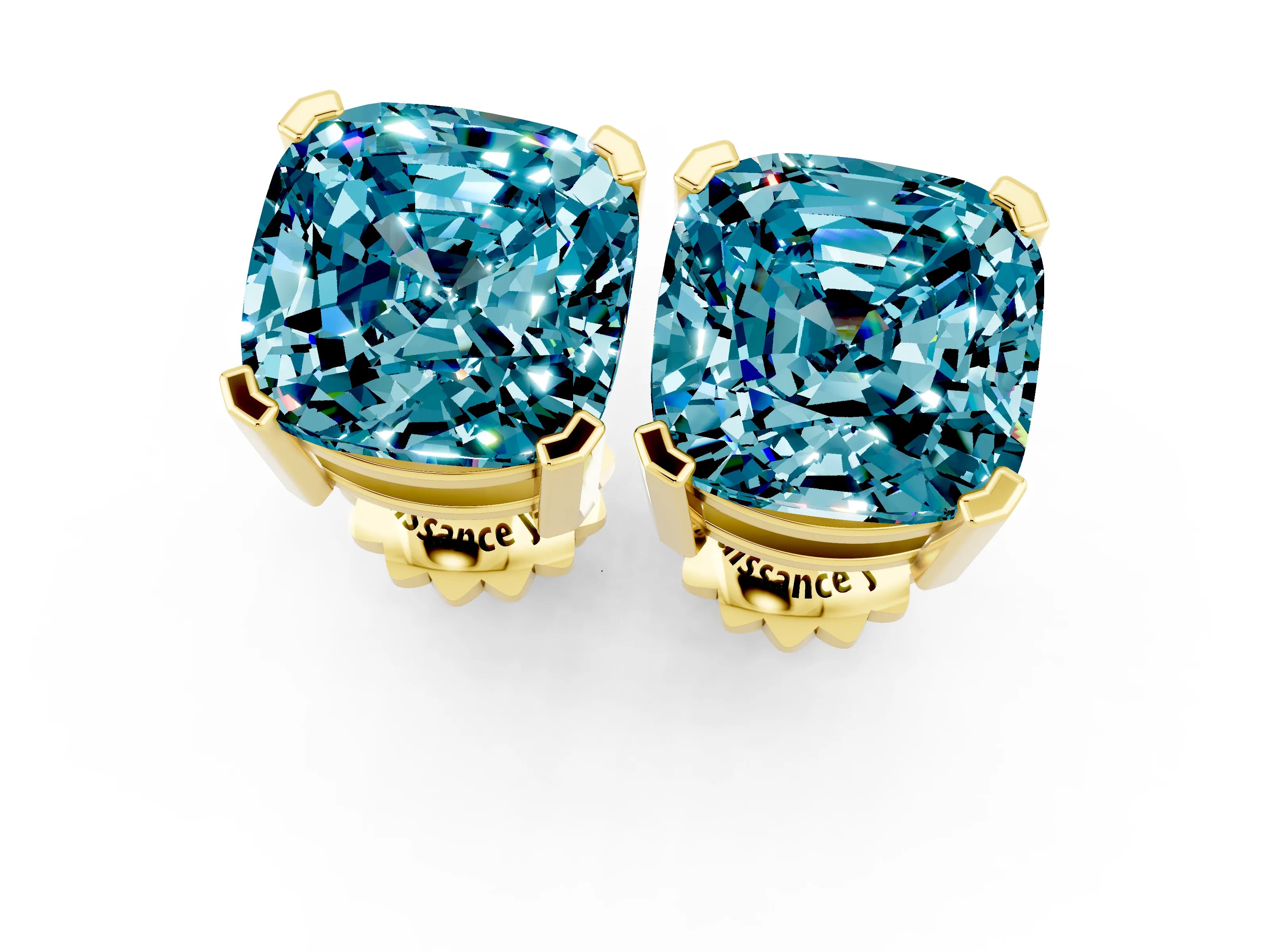 Yellow gold Cushion Cut Blue Topaz Stud Earrings_31