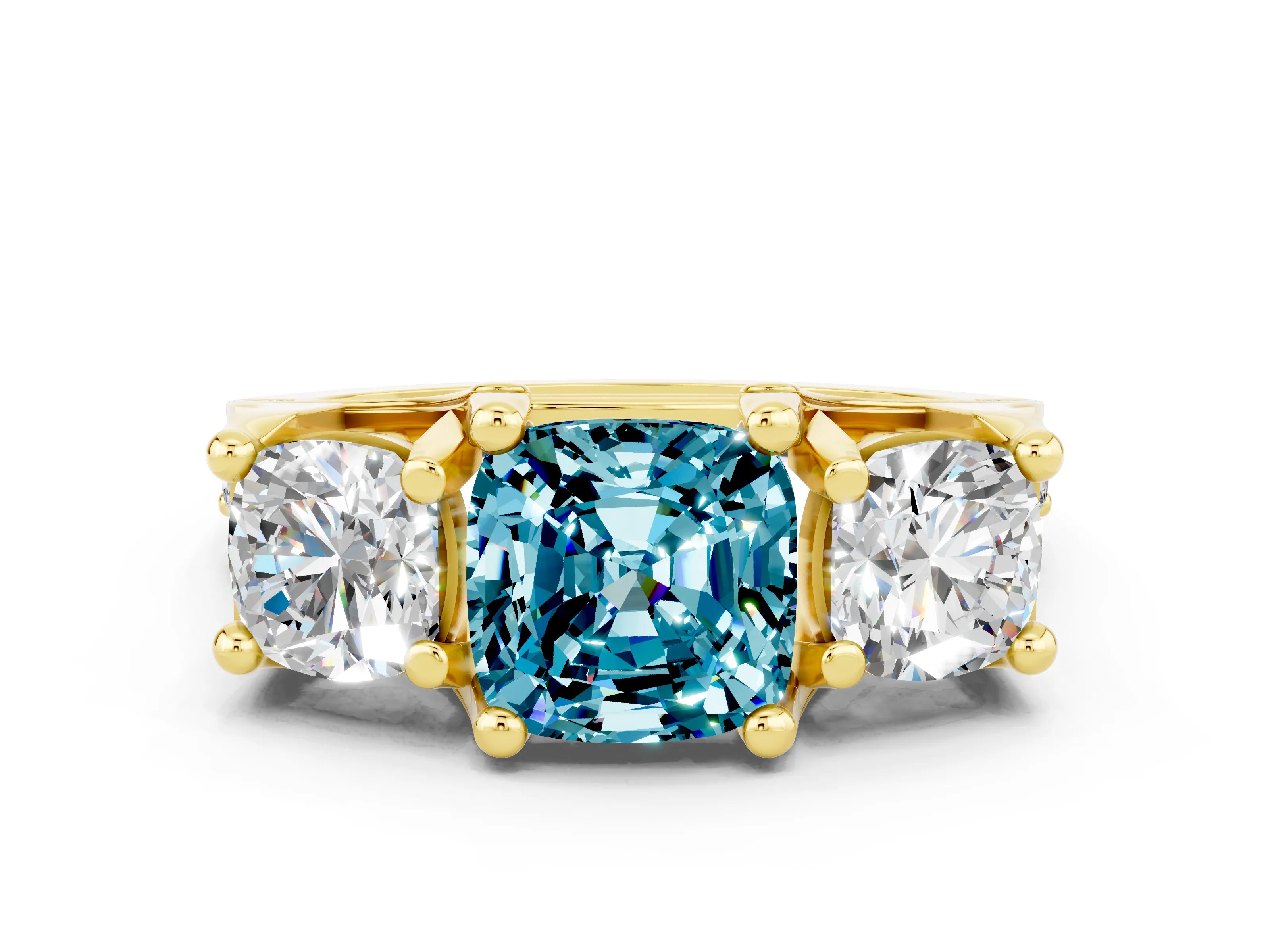 Yellow gold Cushion Cut Blue Topaz Three-Stone Ring with Channel Set Band and Four-Prong Setting