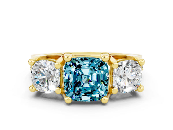 Yellow gold Cushion Cut Blue Topaz Three-Stone Ring with Channel Set Band and Four-Prong Setting