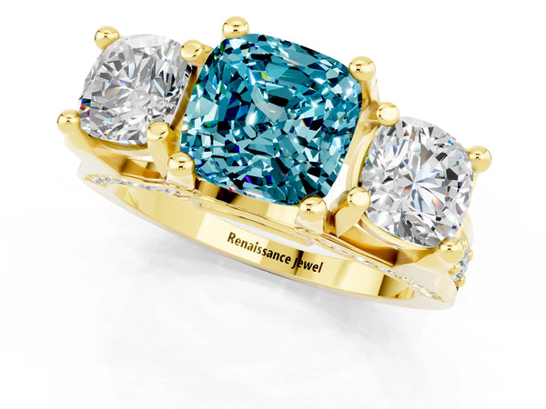 Yellow gold Cushion Cut Blue Topaz Three-Stone Ring with Channel Set Band and Four-Prong Setting