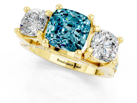 Yellow gold Cushion Cut Blue Topaz Three-Stone Ring with Channel Set Band and Four-Prong Setting_1