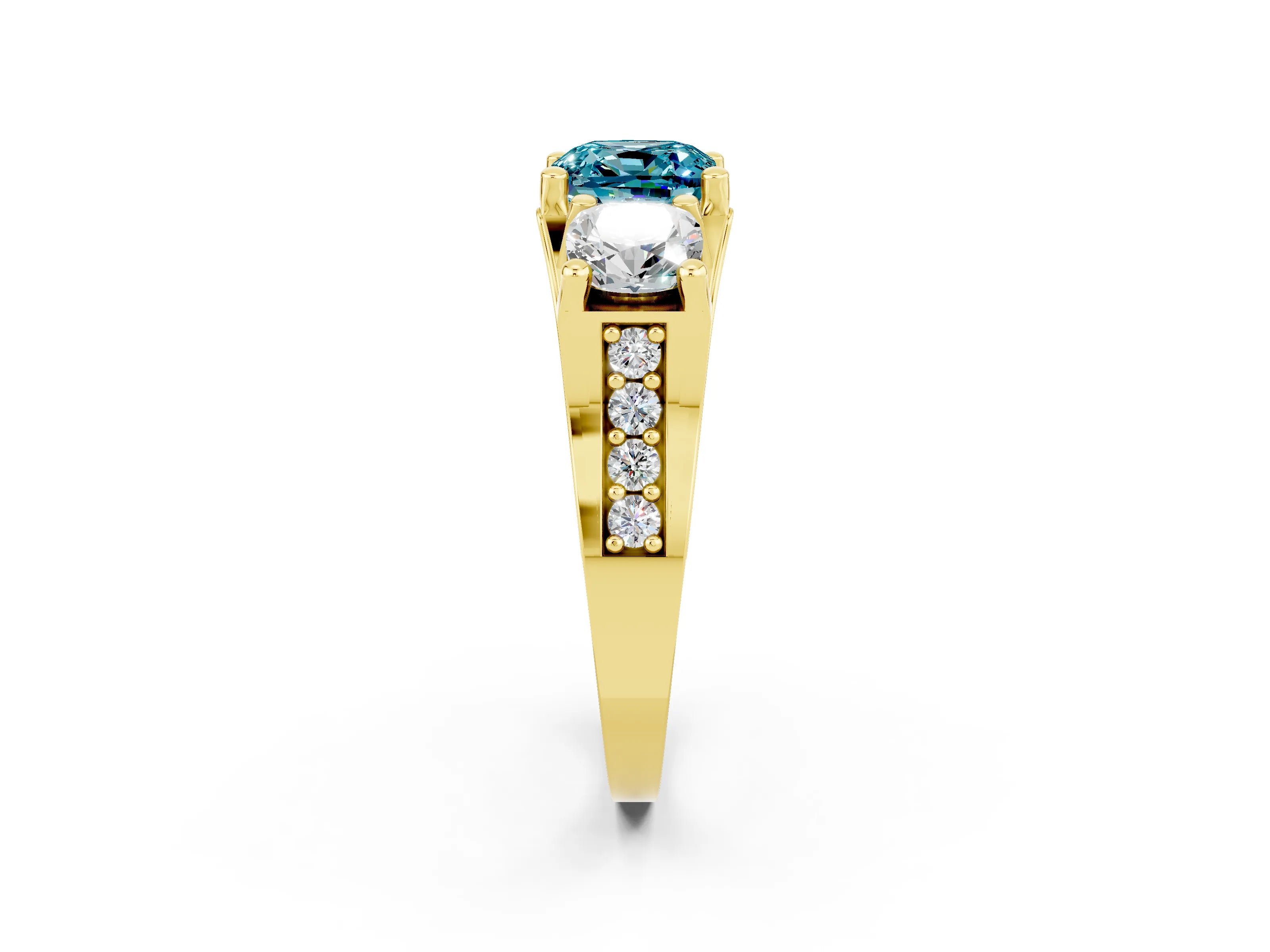 Yellow gold Cushion Cut Blue Topaz Three-Stone Ring with Channel Set Band and Four-Prong Setting_2