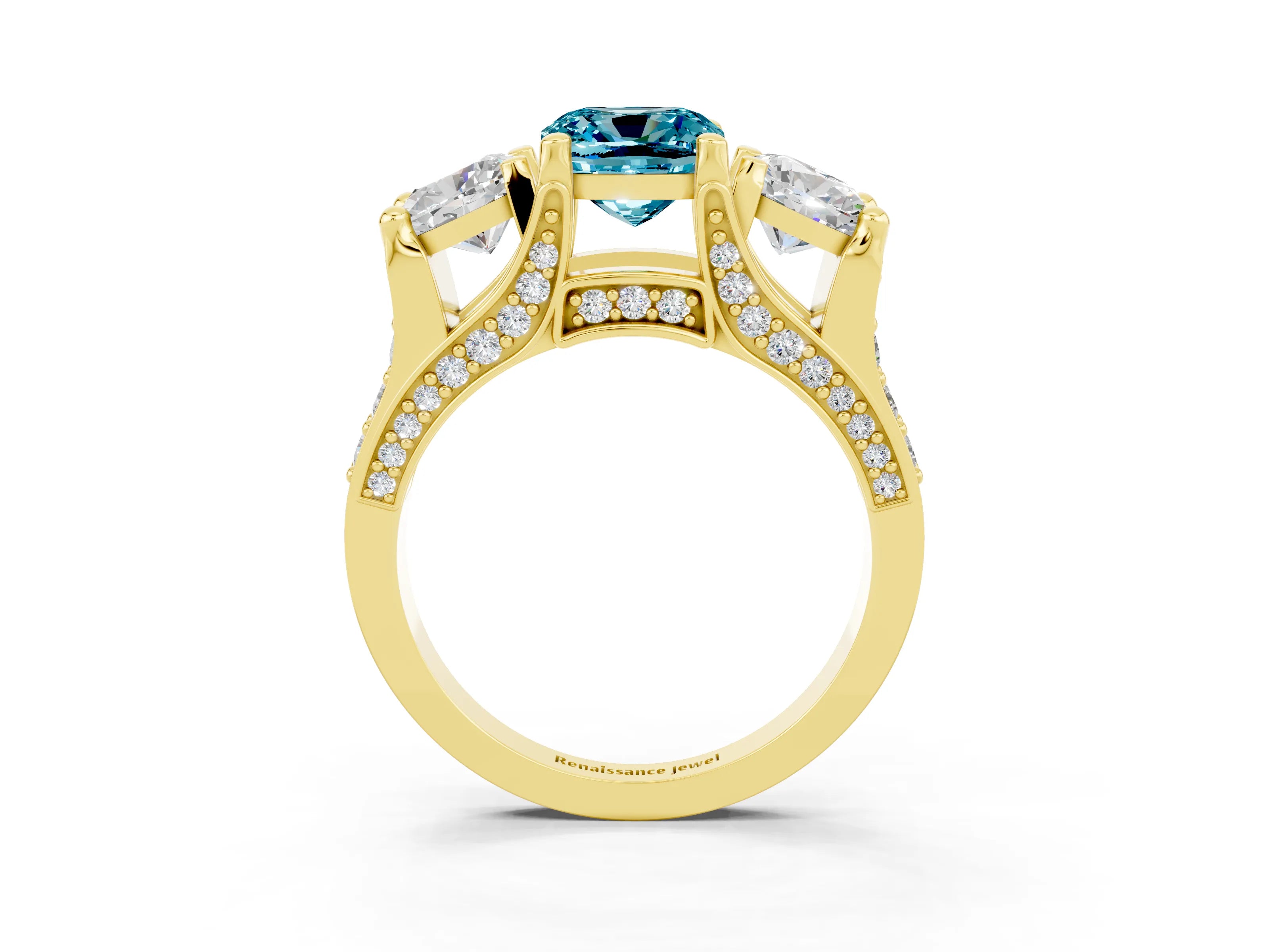 Yellow gold Cushion Cut Blue Topaz Three-Stone Ring with Channel Set Band and Four-Prong Setting_3