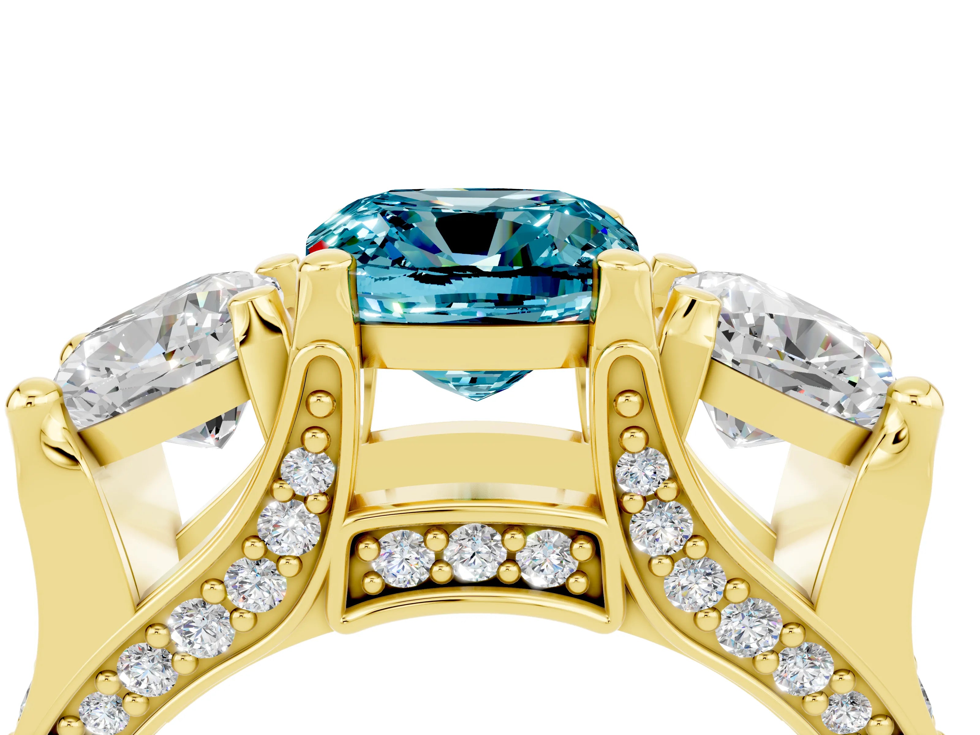Yellow gold Cushion Cut Blue Topaz Three-Stone Ring with Channel Set Band and Four-Prong Setting_4