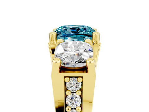 Yellow gold Cushion Cut Blue Topaz Three-Stone Ring with Channel Set Band and Four-Prong Setting_5