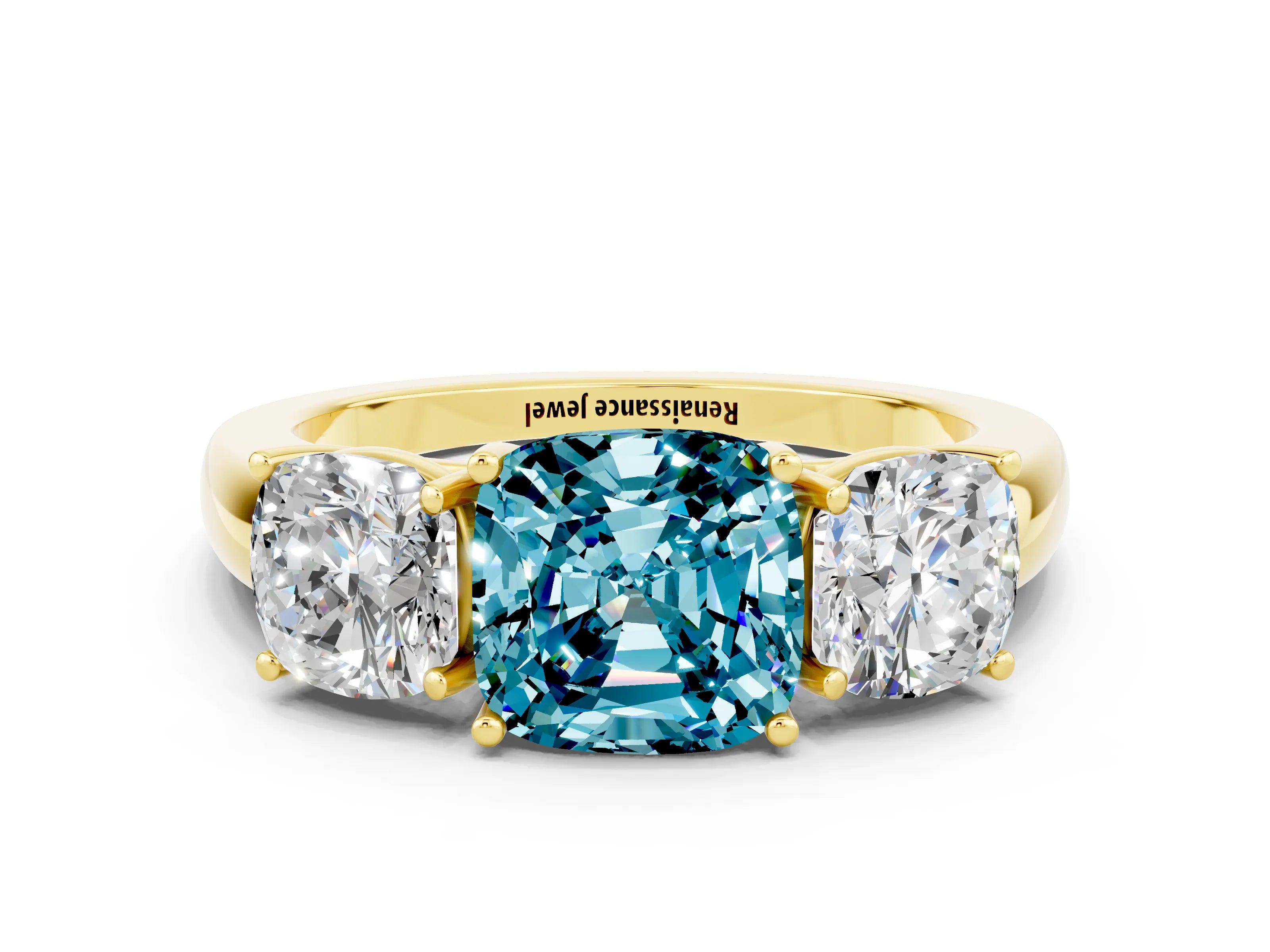 Yellow gold Cushion Cut Blue Topaz Three-Stone Ring with Four-Prong Setting and Classic Band