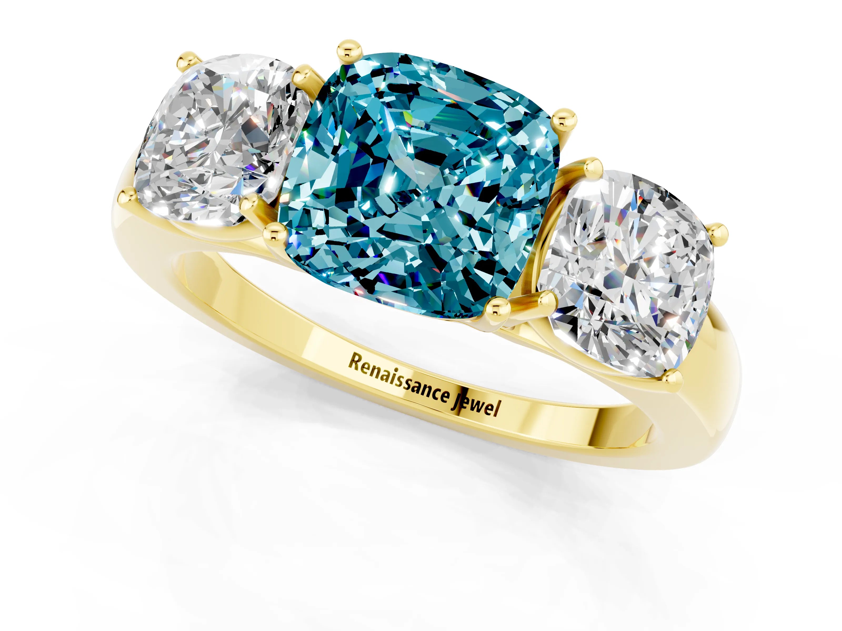 Yellow gold Cushion Cut Blue Topaz Three-Stone Ring with Four-Prong Setting and Classic Band_1