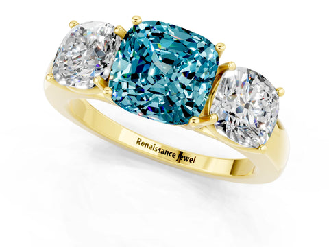 Yellow gold Cushion Cut Blue Topaz Three-Stone Ring with Four-Prong Setting and Classic Band_1