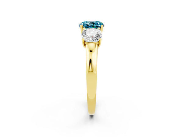 Yellow gold Cushion Cut Blue Topaz Three-Stone Ring with Four-Prong Setting and Classic Band