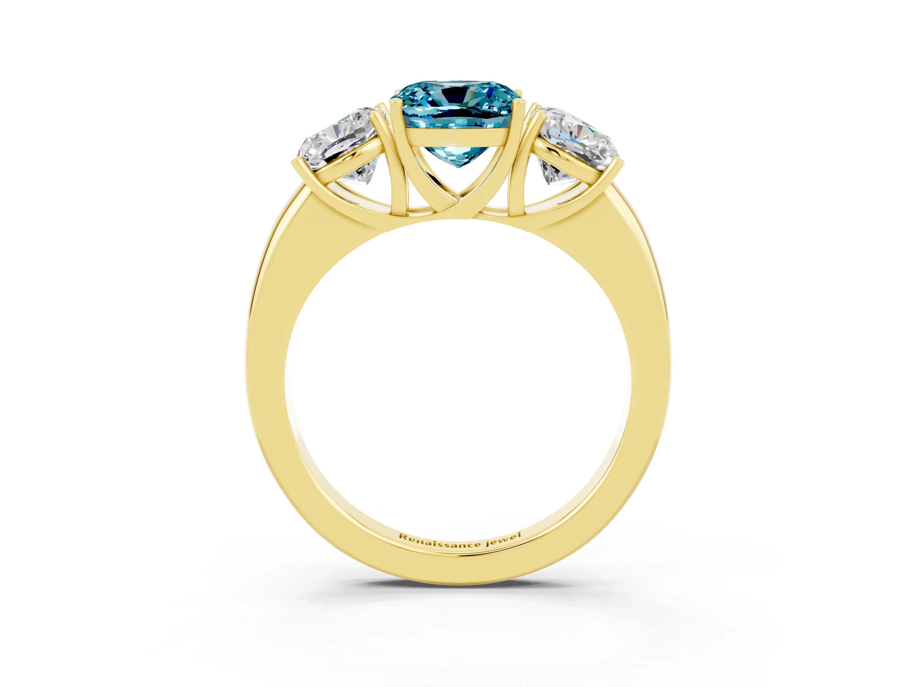 Yellow gold Cushion Cut Blue Topaz Three-Stone Ring with Four-Prong Setting and Classic Band_3